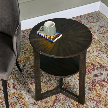 PADMA HOUSE 19.3" Round Wood End Table, 2-Tier Solid Wood Rounded Accent Side Table Circle Nightstand Table with Storage Shelf Vintage Furniture for Home Living Room Bedroom,Black Brown 3338BK