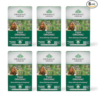 ORGANIC INDIA Tulsi Original Herbal Tea - Holy Basil and African Basil Calming and Stress Relief Tea, Immune Support, USDA Certified Organic, Non-GMO, Caffeine-Free - 18 Infusion Bags, 6 Pack