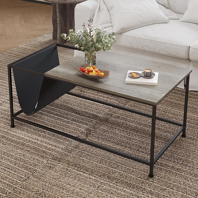 SENIG Grey Oak Rectangle Wood and Metal Coffee Table with Storage Shelf for Small Living Rooms with Pocket