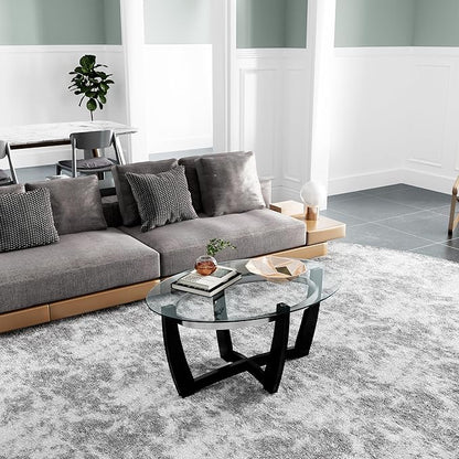 Oval Glass Coffee Table, 43.3" Solid Wood Tea Table with Tempered Glass Tabletop, Modern Glass Sofa Center Table Cocktail Table with Black Cross Base for Living Room Home Office,KFZ1331