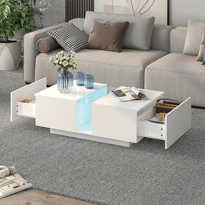 White Led Coffee Table for Living Room, Rectangular Living Room Table with Storage, Acrylic Coffee Tables with 2 Sliding Drawers, Wood Center Table for Reception Dinning Room