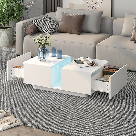 White Led Coffee Table for Living Room, Rectangular Living Room Table with Storage, Acrylic Coffee Tables with 2 Sliding Drawers, Wood Center Table for Reception Dinning Room
