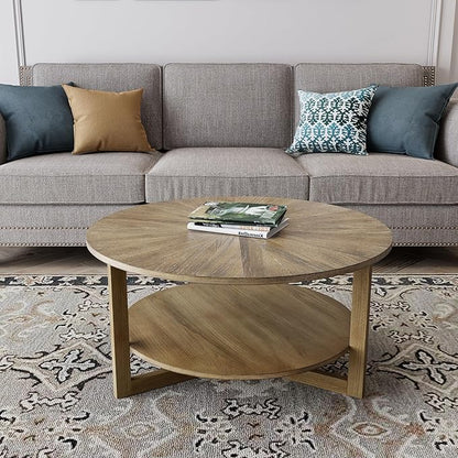 PADMA HOUSE 33.5" Round Wood Coffee Table, 2-Tier Solid Wood Rounded Circle Accent Coffee Table Center Cocktail Table Vintage Furniture for Home Living Room Bedroom,Yellowish Brown 3338
