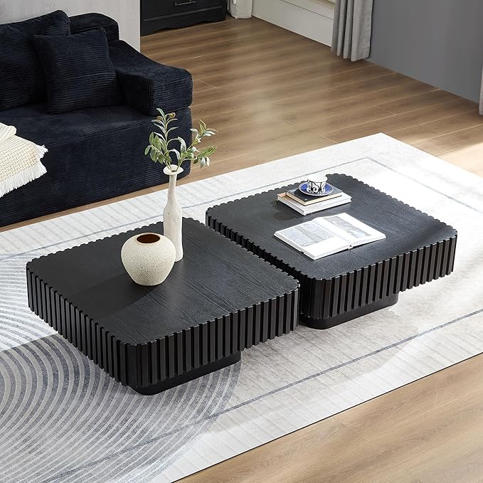 Square Wood Coffee Table for Living Room Modern Drum Wooden Fluted Handcraft Center Tea Cocktail Small Space, Easy Assembly 31.5" W x13.77 H Black