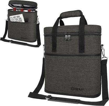 opux 3 Bottle Wine Carrier Tote, Insulated Leakproof Wine Cooler Bag, Wine Travel Bag for Picnic BYOB Beach, Portable Wine Bottle Carrying Case, Gift for Wine Lover Women Men Christmas, Charcoal Grey