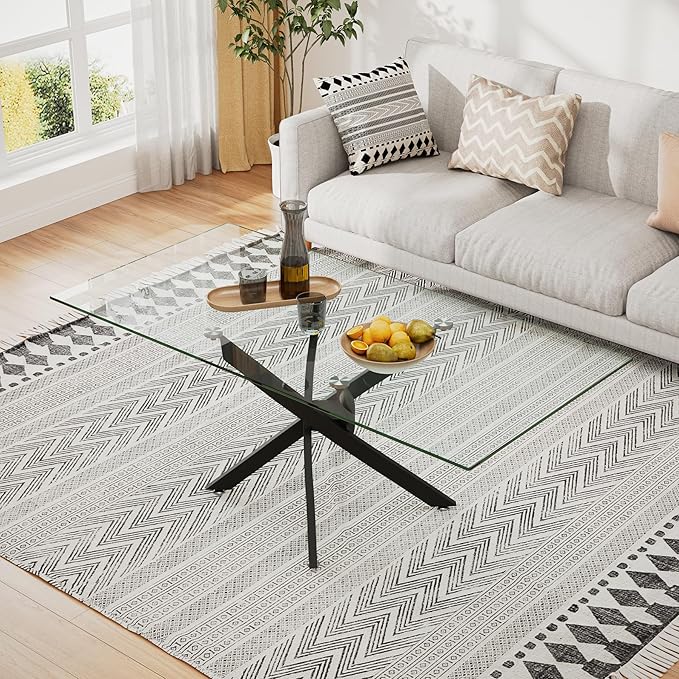 Tempered Glass Coffee Table with Metal Legs, Rectangle Modern Living Room Table for Home Office Living Room (Black, 47.3”x23.6”x18”)
