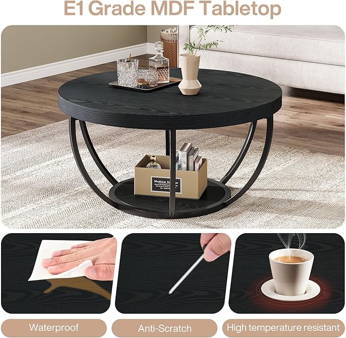 Tribesigns Black Round Coffee Table, 31.7" Modern 2-Tier Circle Coffee Table with Storage Shelves, Accent Cocktail Table Center Table for Living Room