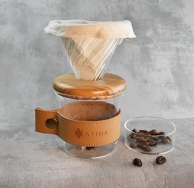 ATHIA glass pour over coffee maker set, minimalist drip coffee maker with reusable cloth filter, glass coffee dripper, olive lid & leather sleeve for single cup manual brewing (Olive Wood)
