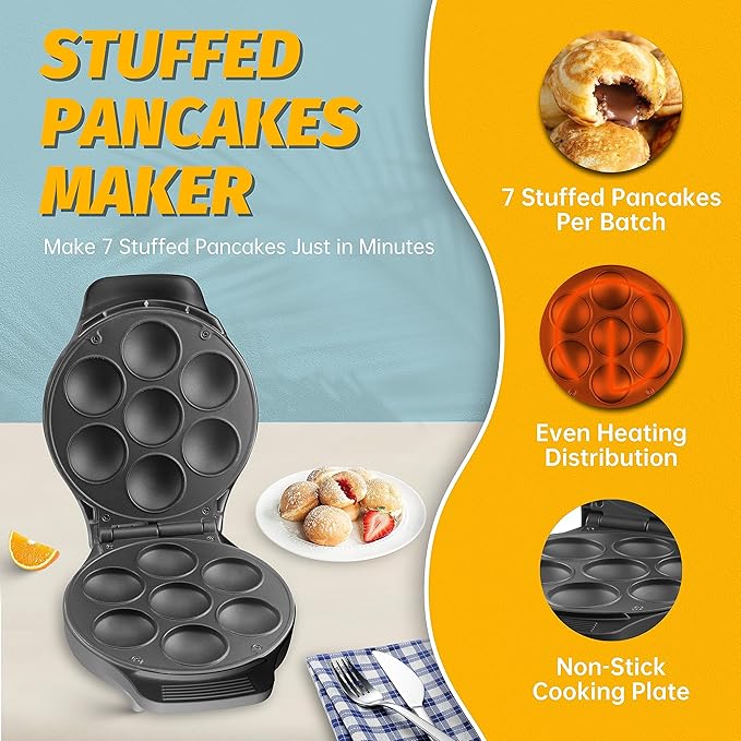 Mini Stuffed Pancakes Maker, Electric Ebleskiver Poffertjes Maker Pan, Danish Pancakes Maker, Cake Pop Maker, Bake 7x 2'' Ebelskivers without any Flipping operation