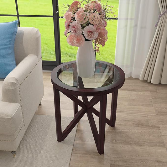 Round End Table Living Room Sofa Side Table Modern Simple Transparent Tempered Glass Top and Wood Base, Accent End Table, Cherry