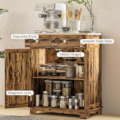 HOMCOM Sideboard with Solid Wood Countertop, Modern Kitchen Storage Cabinet, Coffee Bar Cabinet with 2 Drawers, Doors and Adjustable Shelf, Rustic Brown