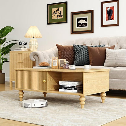 Mid-Century Modern Wooden Coffee Table with Storage, Slatted Door, Solid Wood Legs, Retro Coffee Table with Open Shelf for Home & Office & Lounge, Nature Oak