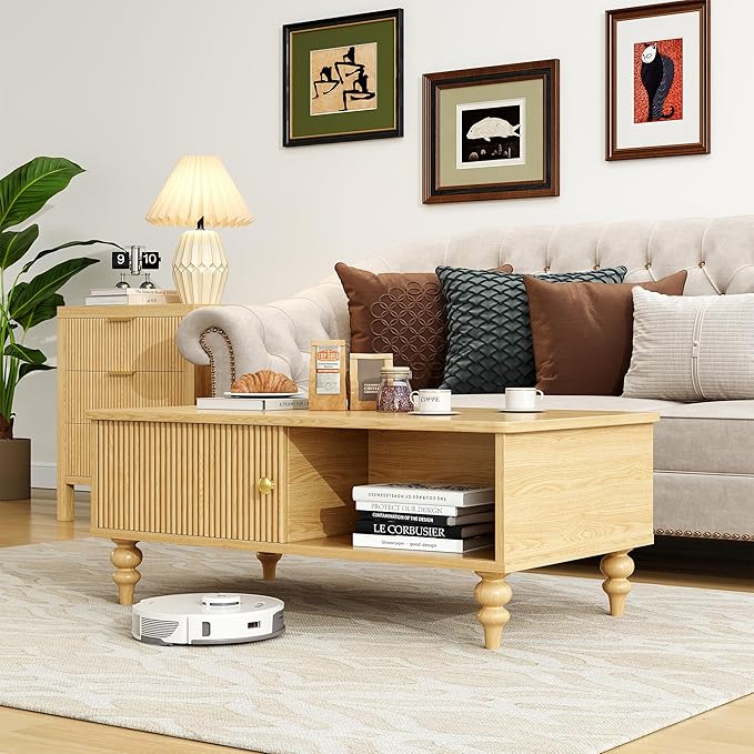 Mid-Century Modern Wooden Coffee Table with Storage, Slatted Door, Solid Wood Legs, Retro Coffee Table with Open Shelf for Home & Office & Lounge, Nature Oak