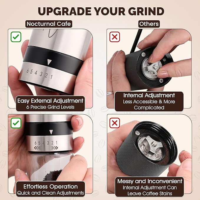 Manual Coffee Grinder – Hand Crank Burr Coffee Bean Grinder, 6 Grind Settings for Espresso, French Press & Pour Over – Quiet, Portable, Durable Stainless Steel Manual Grinder for Home & Travel