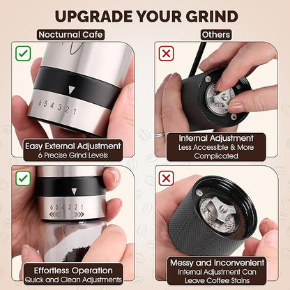 Manual Coffee Grinder – Hand Crank Burr Coffee Bean Grinder, 6 Grind Settings for Espresso, French Press & Pour Over – Quiet, Portable, Durable Stainless Steel Manual Grinder for Home & Travel