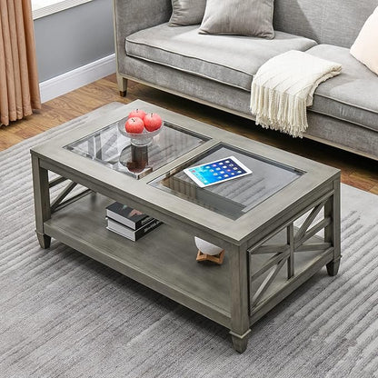 MODERION Solid Wood Coffee Table with Tempered Glass Top, Rectangular Living Room Table with 2-tire Storage Shelf, Industrial Centre Table, 45.5" X 26" Tabletop, Easy Assembly Antique Grey KFZ1318AN
