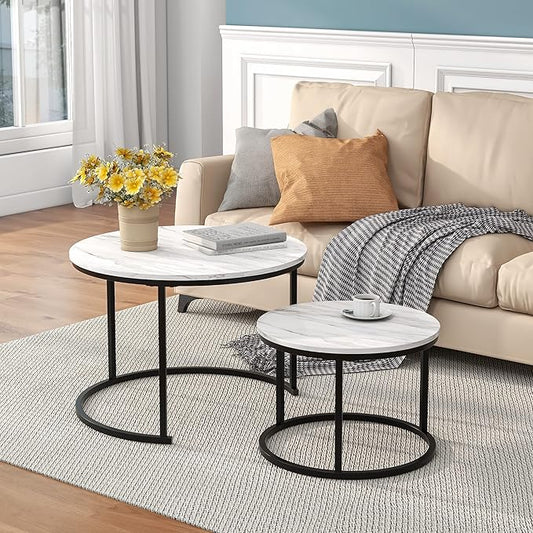 Nesting Round Coffee Table Set of 2 End Tables for Living Room,Circular and Marble Coffee Table Wooden Accent Furniture with Metal Frame,Stacking Side Tables,Black