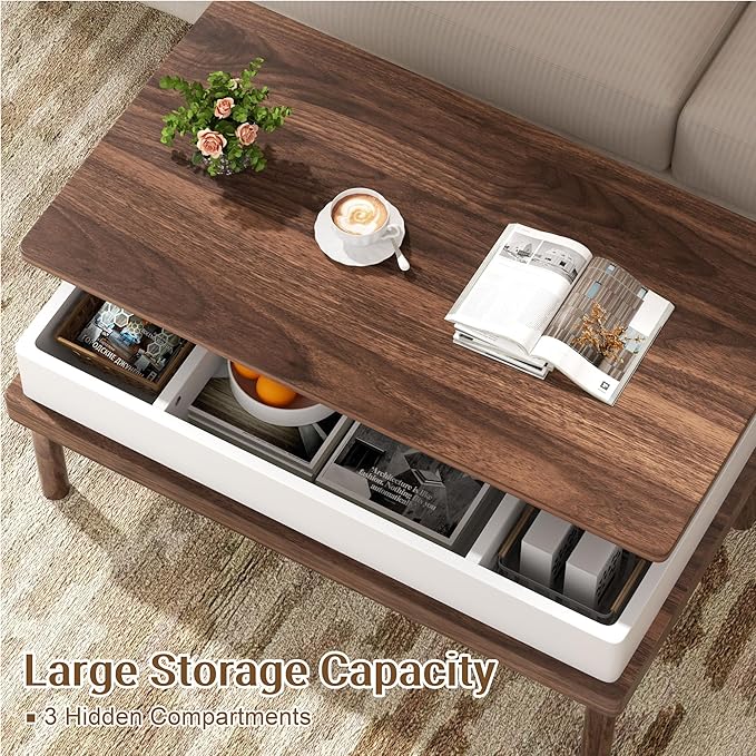 Shintenchi Coffee Table, Lift Top Coffee Table with Hidden Compartment, Rising Tabletop Dining Table, Lift Top Coffee Center Table for for Living Room, Office, Home (Walnut)