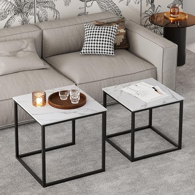 VILAWLENCE Coffee Table Set of 2, Modern Black Wooden Side Table, Metal Frame Square End Table, Center Tables,Nesting Coffee Table for Living Room,Bedroom and Small Spaces