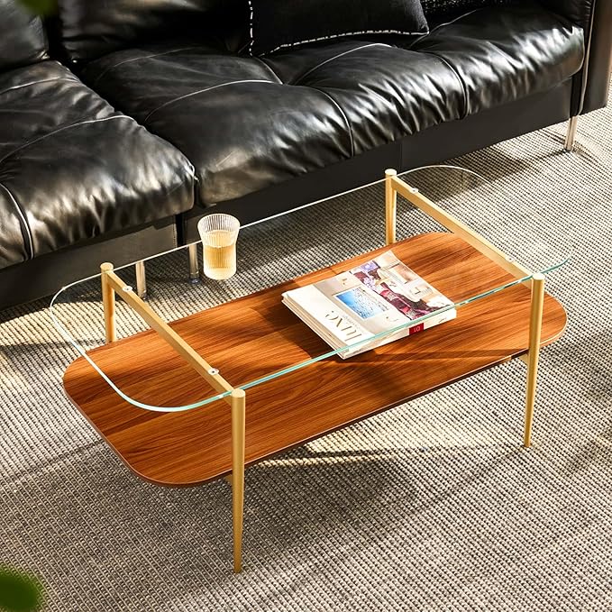 AGV LIGHTING Tadio Glass Coffee Table, Mid-Century Modern Coffee Table for Living Room, Gold Finish Leg, Clear Glass Top & Walnut Brown Shelf, Rounded Corners
