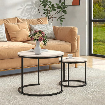 Round Coffee Table Set of 2 for Living Room,Black Small Coffee Table Living Room Table,Nesting Tables Metal Frame/Wood,Sturdy and Easy Assembly,Stacking Side Tables Bedroom,White Oak