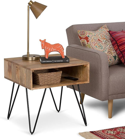 SIMPLIHOME Hunter SOLID MANGO WOOD and Metal 22 inch Wide Square Industrial End Side Table in Natural for the Living Room and Bedroom