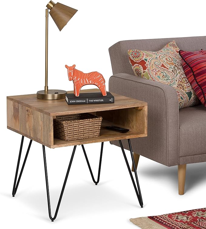 SIMPLIHOME Hunter SOLID MANGO WOOD and Metal 22 inch Wide Square Industrial End Side Table in Natural for the Living Room and Bedroom