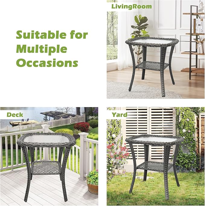 Wicker Side Table Outdoor, Patio Rattan Side Table with Glass Top and Storage Shelf, 23’’Tall Wicker Coffee Table for Yard, Deck, Garden
