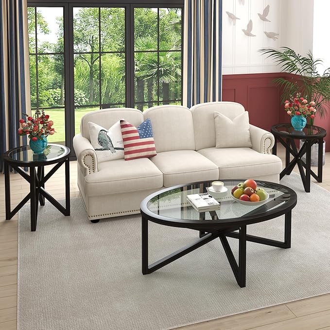 Wooden Coffee Table End Table Sets of 3 Oval Black Modern Living Room Table Set Tempered Glass Top Round Side Table, Black Brown