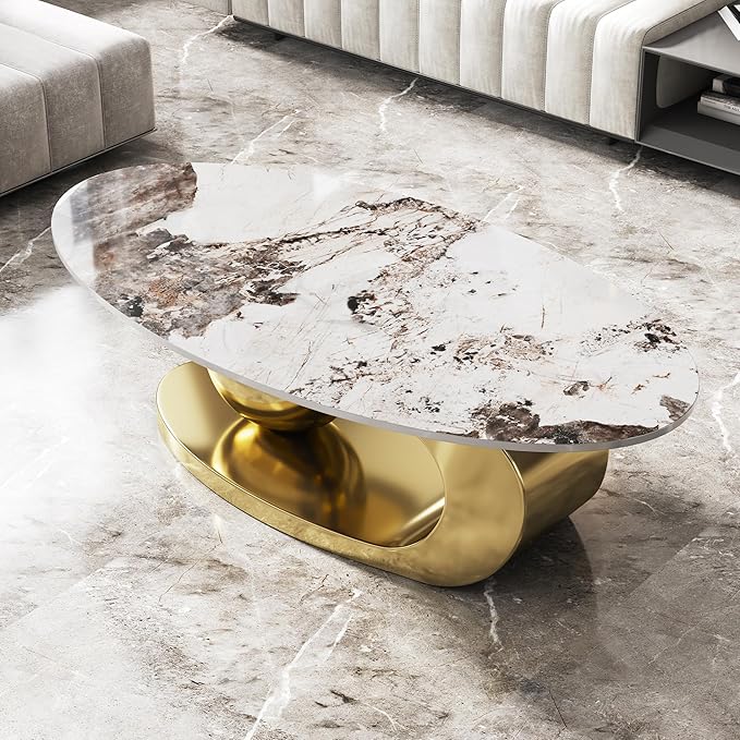 Modern Coffee Table with Gold Stainless Steel Pedestal,Oval Living Room Table with Faux Marble Top,Sintered Stone Cocktail Center Table Marble Grain,51.20inch