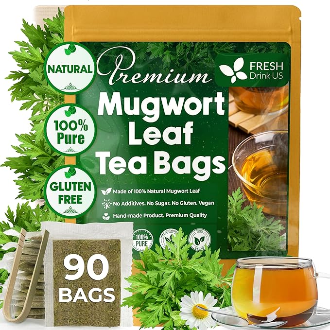 FreshDrinkUS, Premium 90 Mugwort Leaf Tea Bags, 100% Natural and Pure Mugwort Leaves. No Sugar, No Caffeine, No Gluten, Vegan.