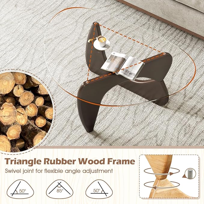 Giantex Triangle Glass Coffee Table, Solid Wood Tea Table with Tempered Glass Top & Adjustable Base, Small Accent Table for Small Spaces, Mid Century Modern Center Table for Living Room (Walnut)