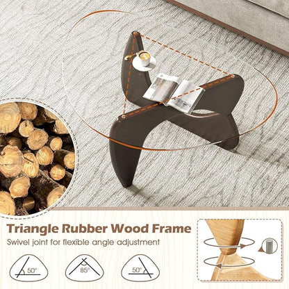 Giantex Triangle Glass Coffee Table, Solid Wood Tea Table with Tempered Glass Top & Adjustable Base, Small Accent Table for Small Spaces, Mid Century Modern Center Table for Living Room (Walnut)