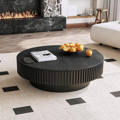 39 Inch Round Drum Coffee Table with Storage, Modern Handcraft Fluted Drum Coffee Table, Wooden Round Cocktail Tea Table Center Table with Sturdy Pedestal for Living Room Apartment (Black)
