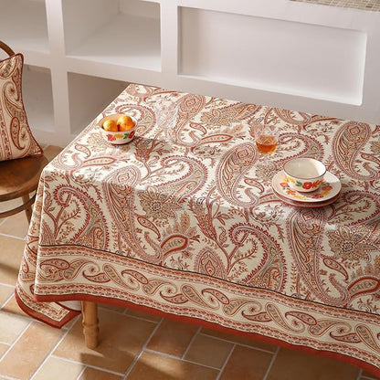 Designer French Red Table Cloth for Rectangle Table,Fall Linen Tablecloth with Cashew Pattern,Stain Proof Decor Tablecloths for Dining Thanksgiving Kitchen,55"*87"-Chauffrey D