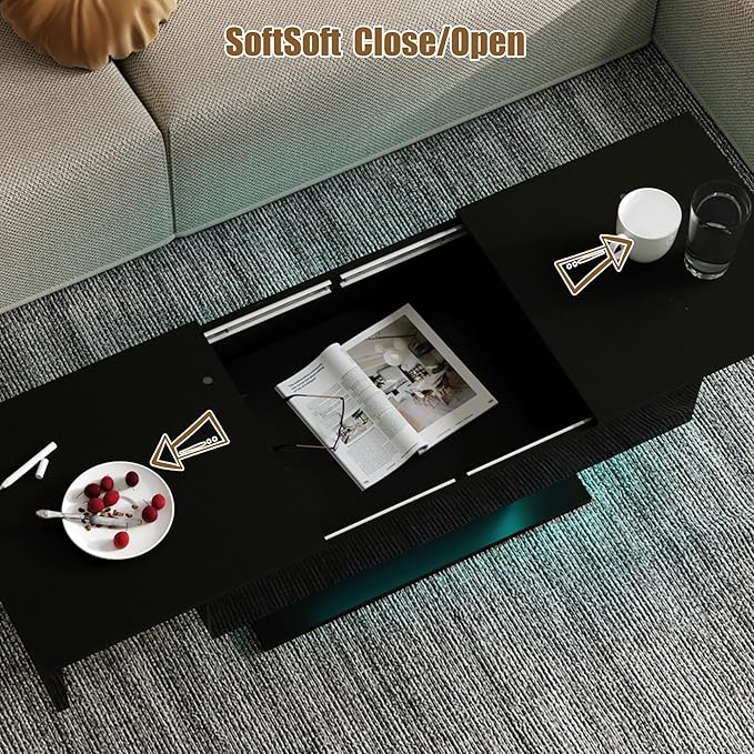 Black LED Coffee Table with Storage for Living Room, Living Room Table Rectangular Center Table, Modern High Glossy Wooden Coffee Tables for Dining Reception Room