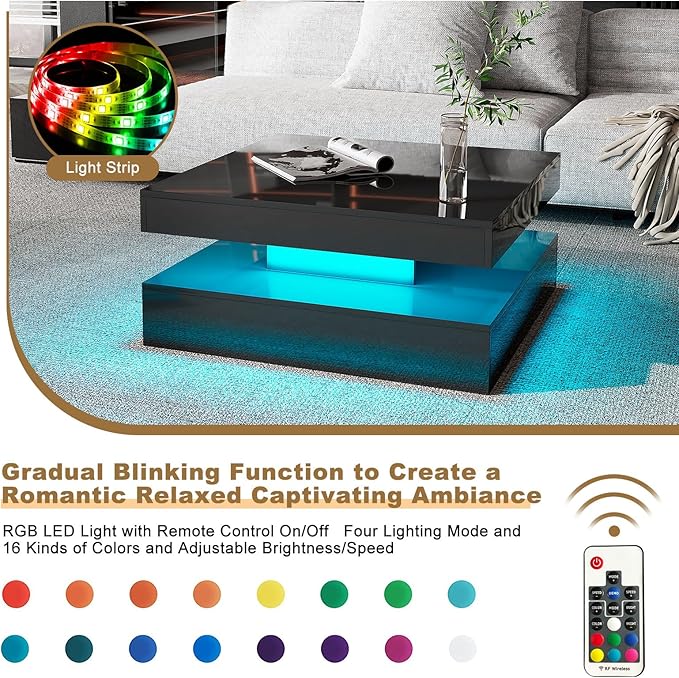 Black LED Coffee Table for Living Room, Living Room Table 2-Tier Square Middle Center Table, Modern Coffee Tables with Storage, Contemporary Wood Tea Tables for Dining Reception