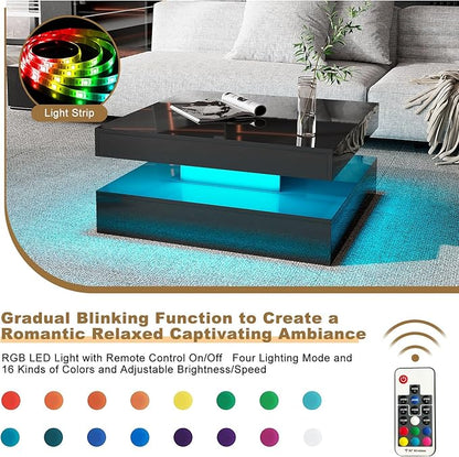 Black LED Coffee Table for Living Room, Living Room Table 2-Tier Square Middle Center Table, Modern Coffee Tables with Storage, Contemporary Wood Tea Tables for Dining Reception