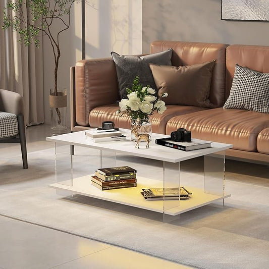 43" Acrylic Coffee Table with Wood Top, Minimalist Stylish Modern Rectangular Center Tables for Living Room, Led Living Room Table with Storage Shelf & Acrylic Frame for Small Space