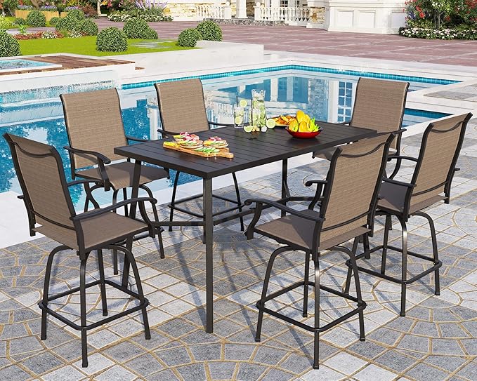PHI VILLA 7 Piece High Patio Bar Dining Set, Bar Height Outdoor Table and Chairs Patio Furniture Set with 6 Patio Swivel Bar Stools & 40" Table for Garden, Yard and Terrace
