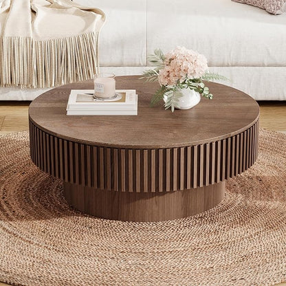31.5 Inch Round Drum Coffee Table with Storage, Modern Handcraft Fluted Drum Coffee Table, Wooden Round Coffee Table Center Table with Sturdy Pedestal for Living Room Apartment (Walnut)
