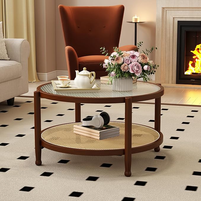 Rattan Round Coffee Table for Living Room, 32" Boho Circle Table with Tempered Glass Desktop Rustic Solid Wood Farmhouse Accent Center Storage Table (Walnut, 31.5" D x 31.5" W x 17" H)