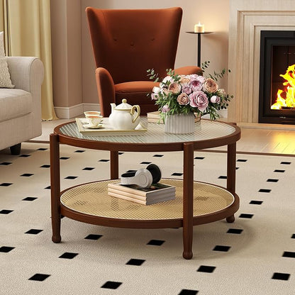 Rattan Round Coffee Table for Living Room, 32" Boho Circle Table with Tempered Glass Desktop Rustic Solid Wood Farmhouse Accent Center Storage Table (Walnut, 31.5" D x 31.5" W x 17" H)