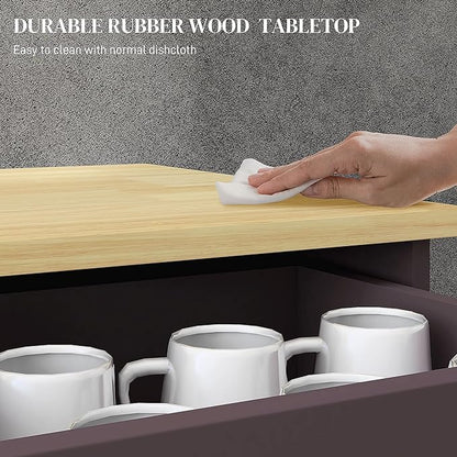 HOMCOM Sideboard with Solid Wood Countertop, Modern Kitchen Storage Cabinet, Coffee Bar Cabinet with 2 Drawers, Doors and Adjustable Shelf, Coffee