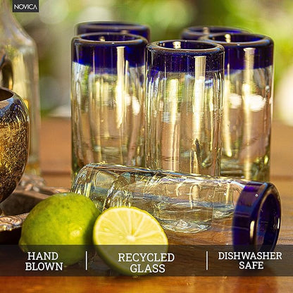 NOVICA Artisan Crafted Hand Blown Clear Blue Rim Recycled Glass Shot Glasses, 2 Oz. 'Tequila Blues' (Set Of 6)