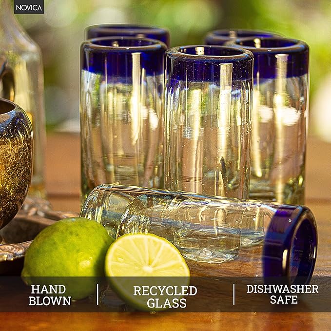 NOVICA Artisan Crafted Hand Blown Clear Blue Rim Recycled Glass Shot Glasses, 2 Oz. 'Tequila Blues' (Set Of 6)