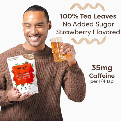 Waka Instant Green Tea Mix, Strawberry Flavored - 100% Tea Leaves, No Additives, Unsweetened Tea Powder in Bulk Pouch – Easy Quick Hot and Iced Teas, Up to 200 Cups (4.5oz)