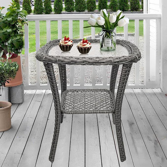 Wicker Side Table Outdoor, Patio Rattan Side Table with Glass Top and Storage Shelf, 23’’Tall Wicker Coffee Table for Yard, Deck, Garden