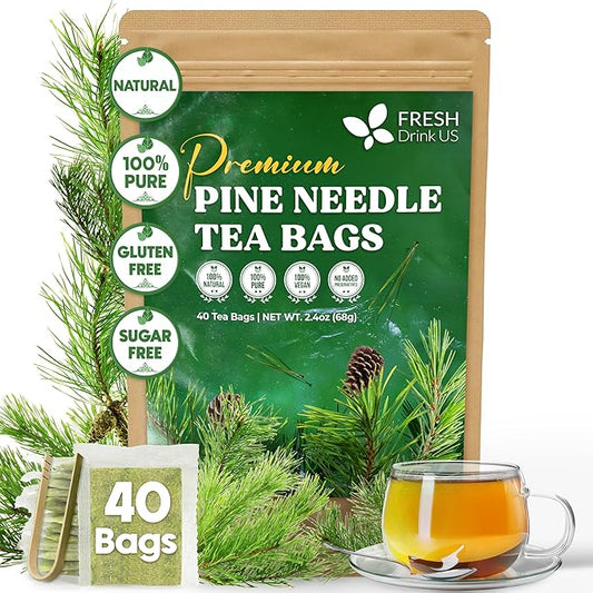FreshDrinkUS, Pine Needle Tea Bags – 40 Tea Bags, Naturally Caffeine-Free, Refreshing Herbal Tea, Wild-Harvested Pine Leaves, Aromatic and Soothing – Non-GMO & Eco-Friendly Packaging