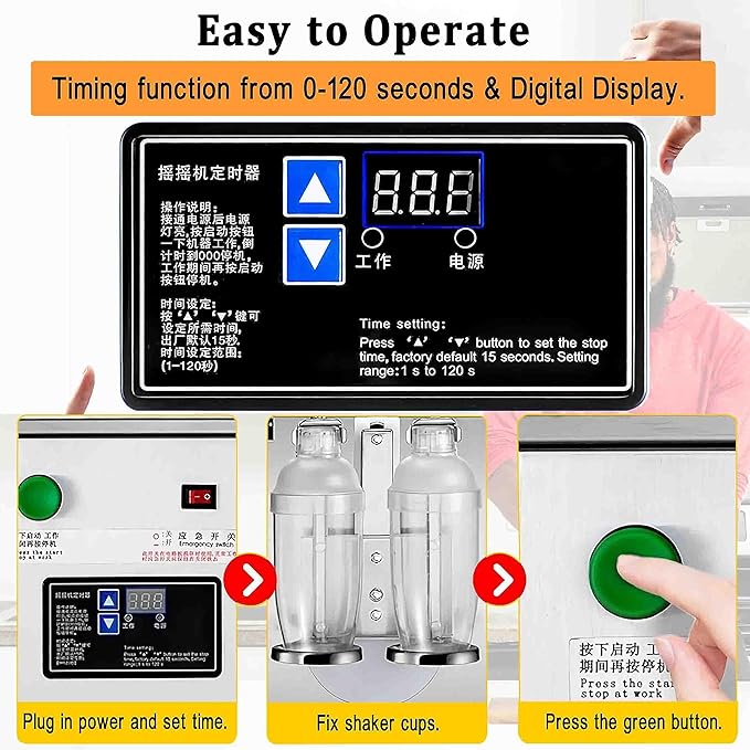 TECHTONGDA Commercial Milk Tea Shaker Machine, Professional Stainless Steel Double Frame Auto Bubble Tea Maker, Milk Making Machine with 2pcs 750ml Stainless Steel and 2pcs 700ml Transparent Cups